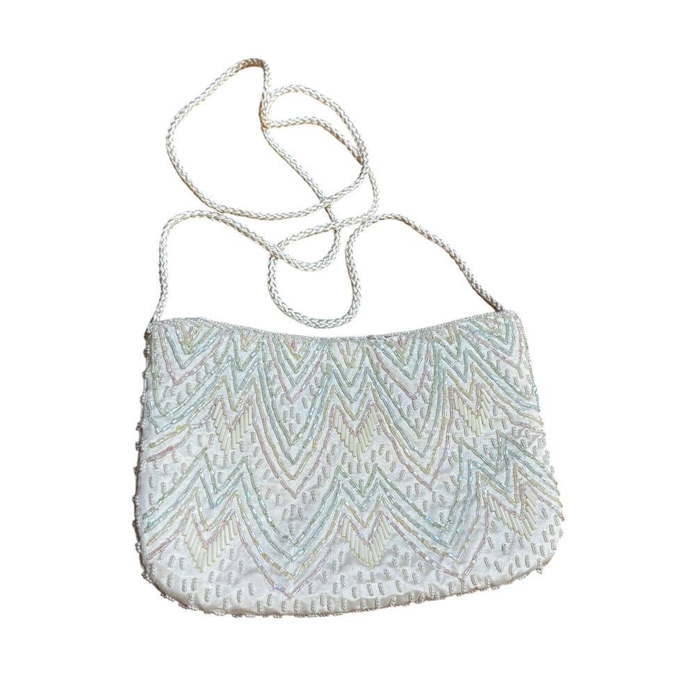 Vintage 1990’s dressy white beaded satin evening bag purse wedding bridal prom